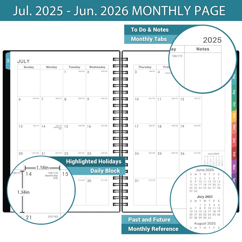 Vondafe Academic Planner 2025-2026 - 2025-2026 Planner, July 2025 - June 2026, 6.3"" x 8.4"", Weekly & Monthly, Colorful Tabs, PP Cover, A5 Thick Paper, Twin-Wire Binding - Black - Image 3